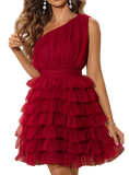 Chic one-shoulder dress in red & green, with playful ruffles for a stunning, sophisticated look perfect for any special occasion.