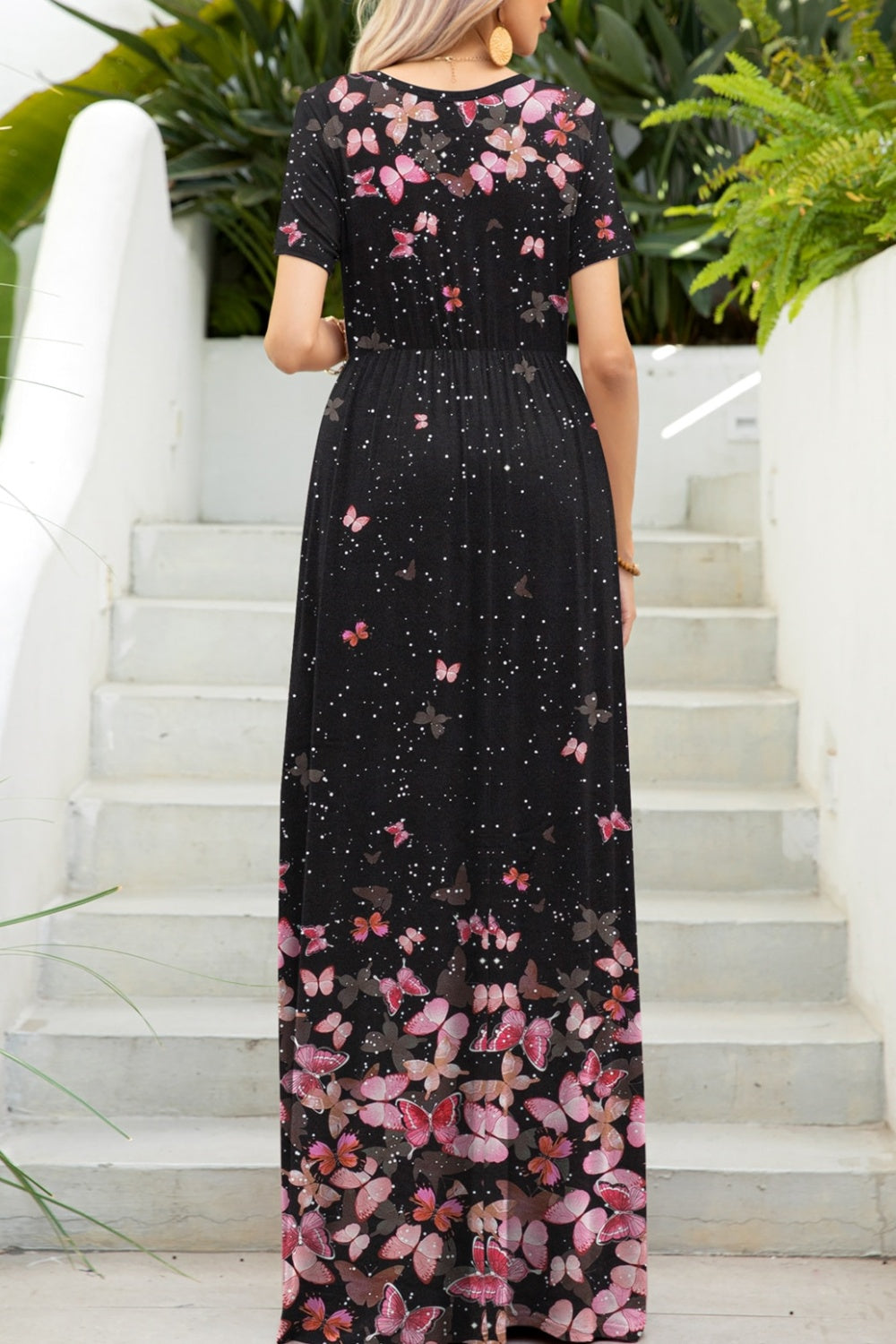 Black floral and butterfly print maxi dress with pockets