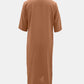 Brown maxi dress with a flattering V-neck and practical side pockets.