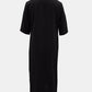 Elegant black midi dress featuring a notched neckline
