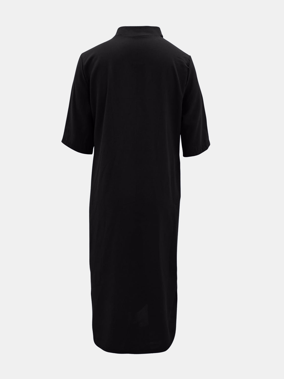 Elegant black midi dress featuring a notched neckline
