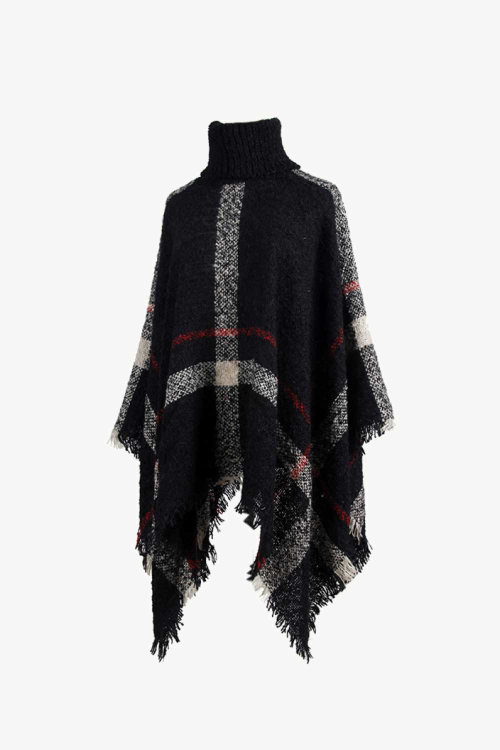 Chic black plaid poncho for casual or formal winter wear.
