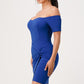 Elegant blue bodycon dress with a twist detail at the waist and off-shoulder neckline.
