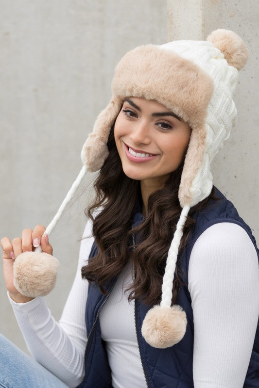 Elegant cable weave pom hat for cold weather





