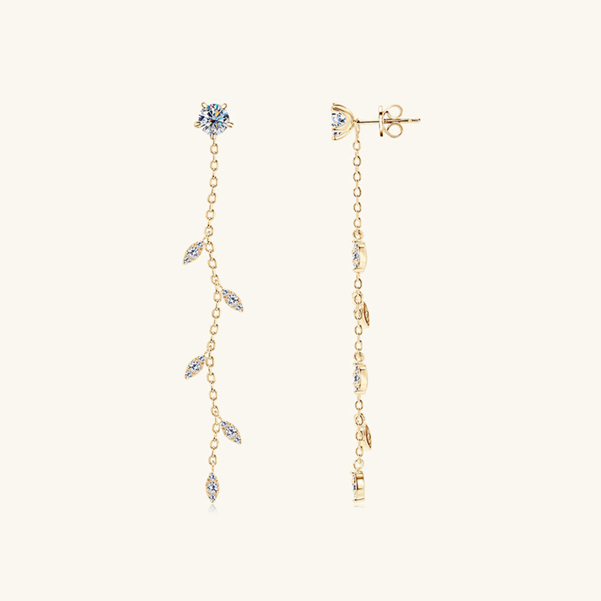 Elegant gold leaf earrings with moissanite stones
