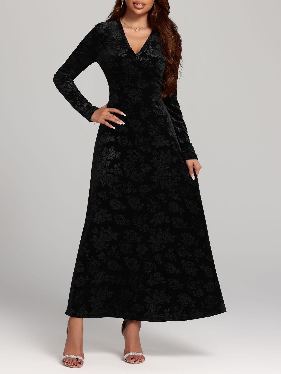 Elegant long sleeve midi dress with rose print, perfect for formal occasions.