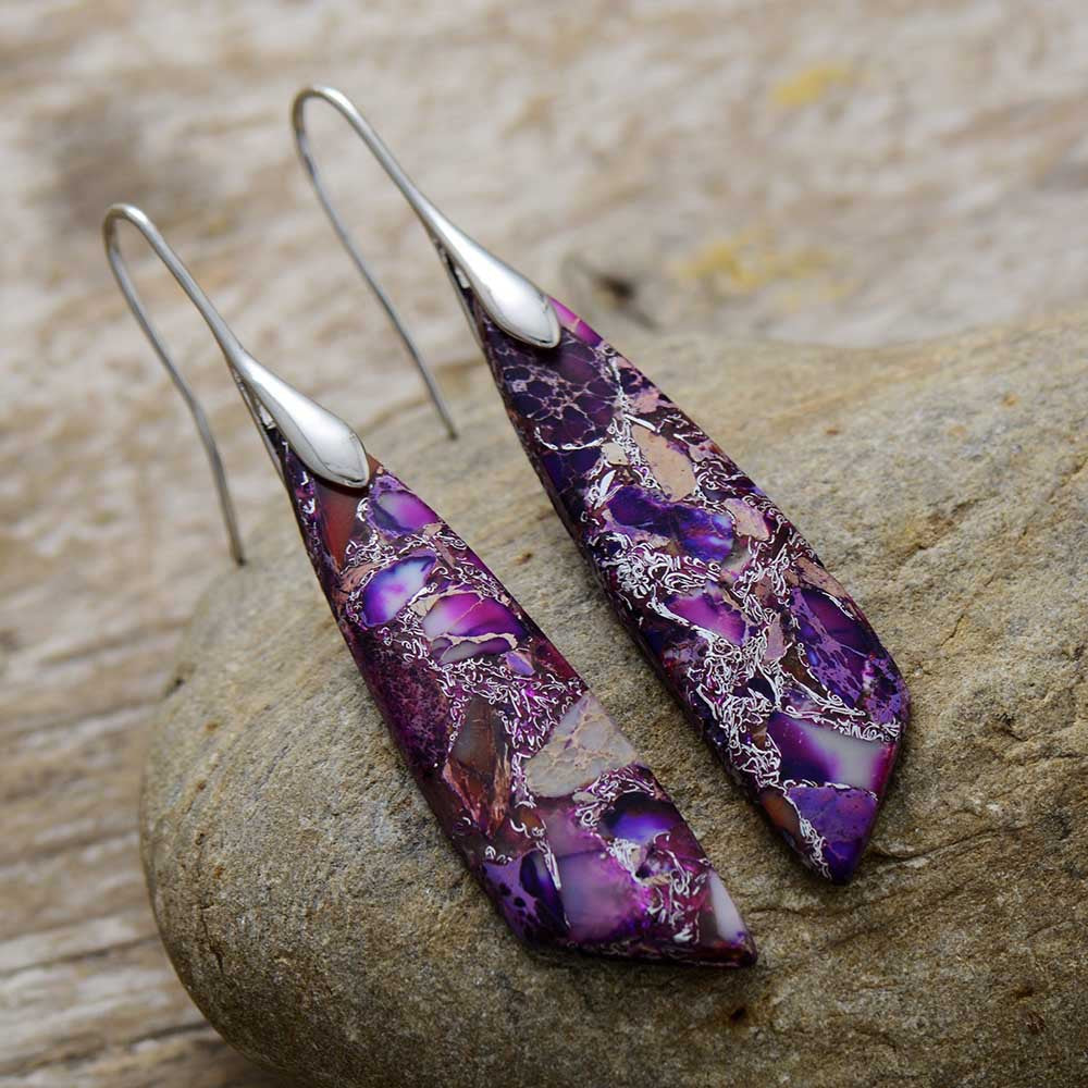 Copper drop earrings with purple natural stone design
