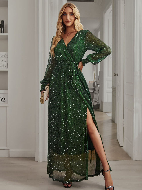 Elegant V Neck long sleeve maxi dress in green
