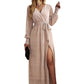 Elegant V Neck long sleeve maxi dress in khaki
