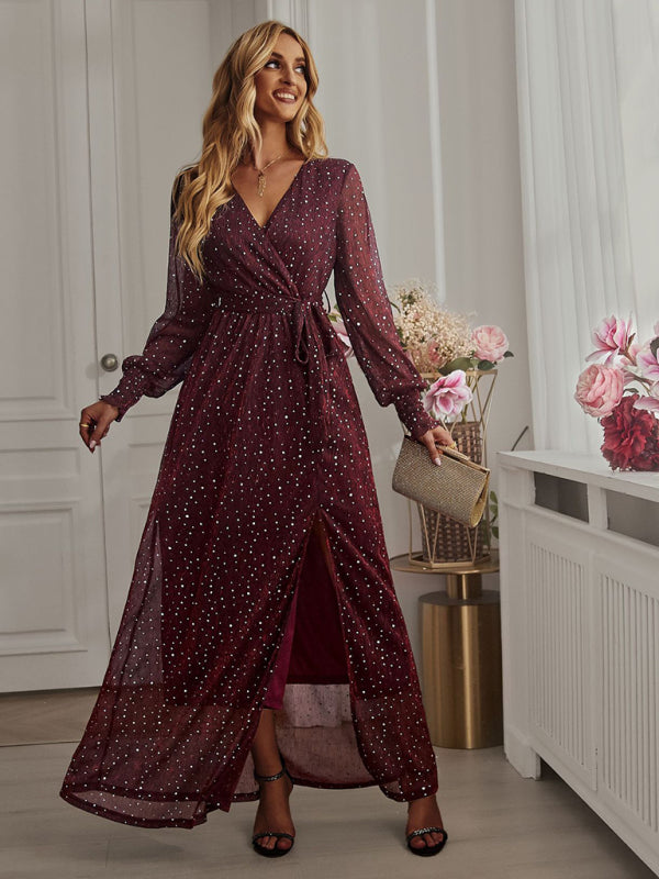 Elegant V Neck long sleeve maxi dress in red
