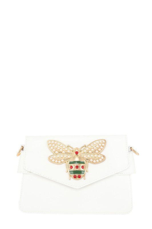 White Bee Decorated Crossbody Bag styled with pearl and jewel details.
