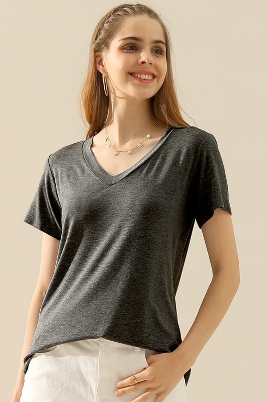 Gray short sleeve V-neck top, casual and comfortable for everyday wear.