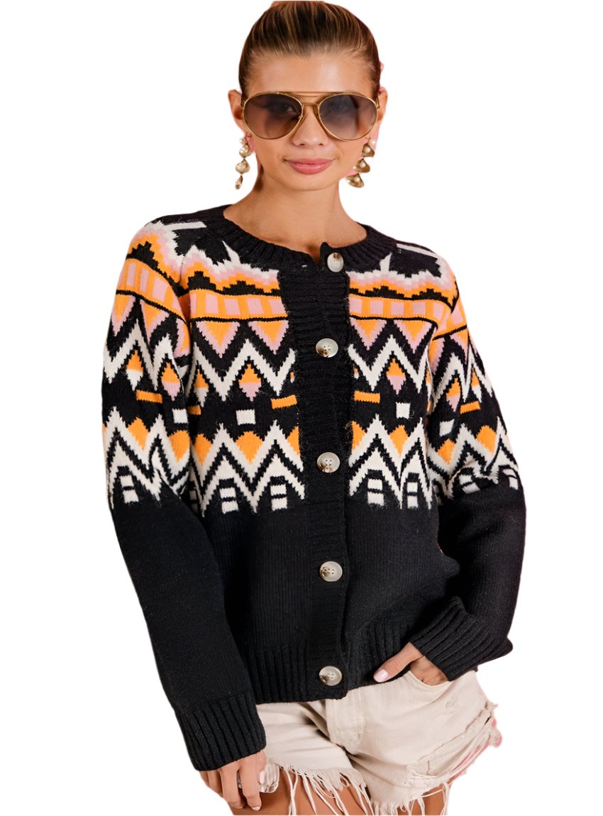 front view of women’s ethnic pattern button-up cardigan in black
