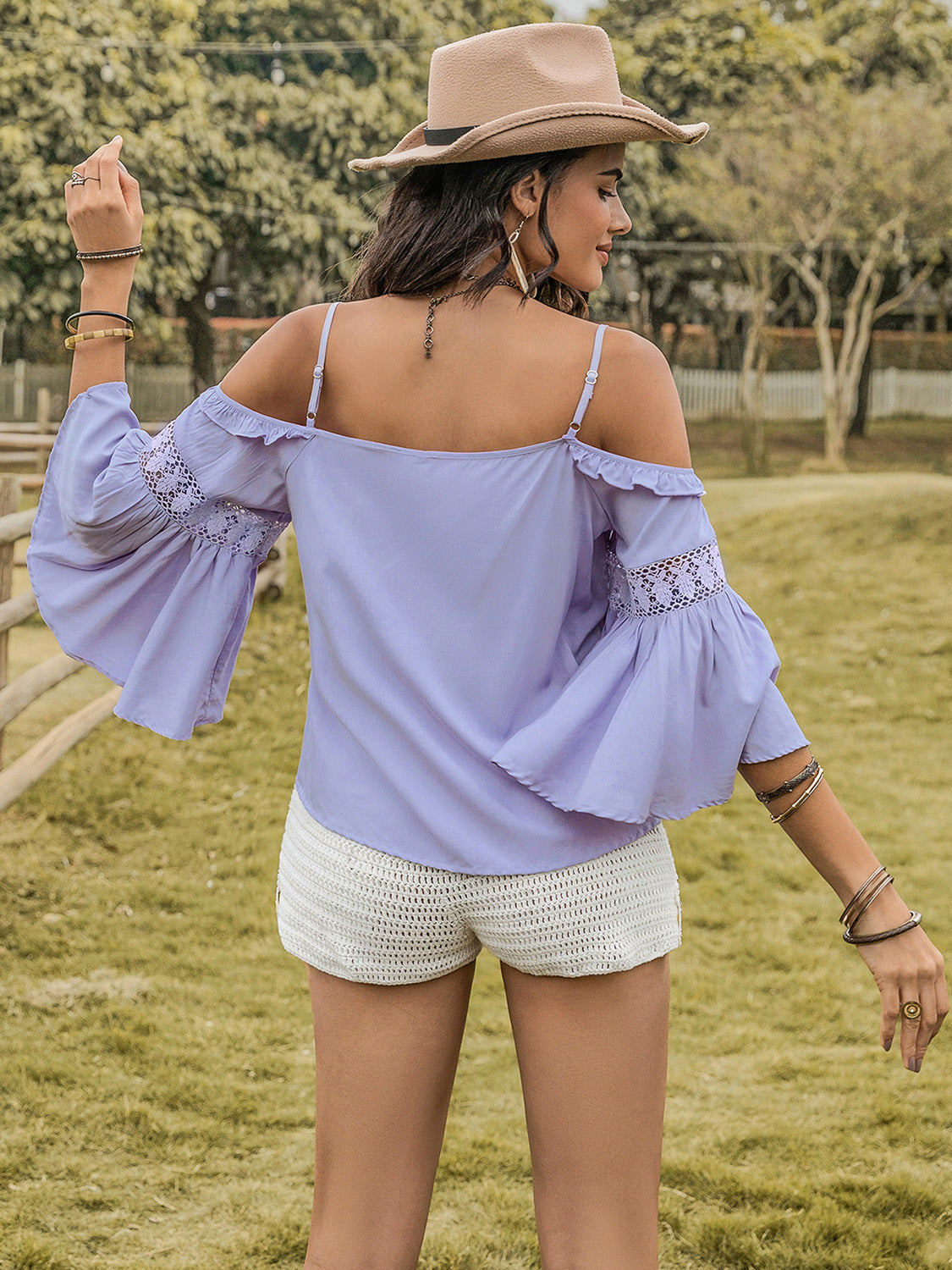 flowy spaghetti strap flare sleeve square neck blouse