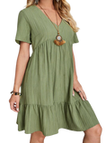 Shop the versatile Ruched V-Neck Dress, perfect for any occasion. Breathable, stylish, and available in seven colors. Flatter your figure today!