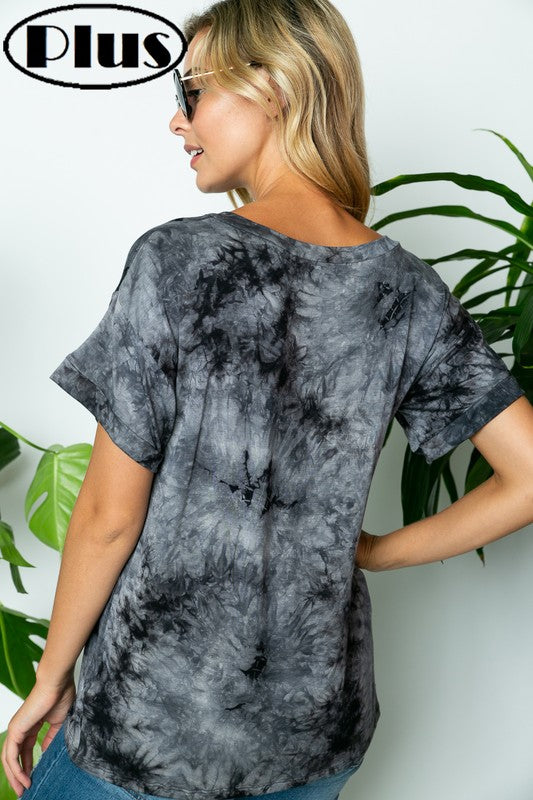 Relaxed fit charcoal tie-dye plus size V-neck tee