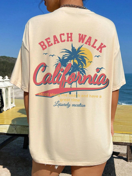 Versatile beige t-shirt with California beach-themed graphic