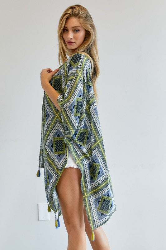 Sheer blue and green kimono with bold geometric prints