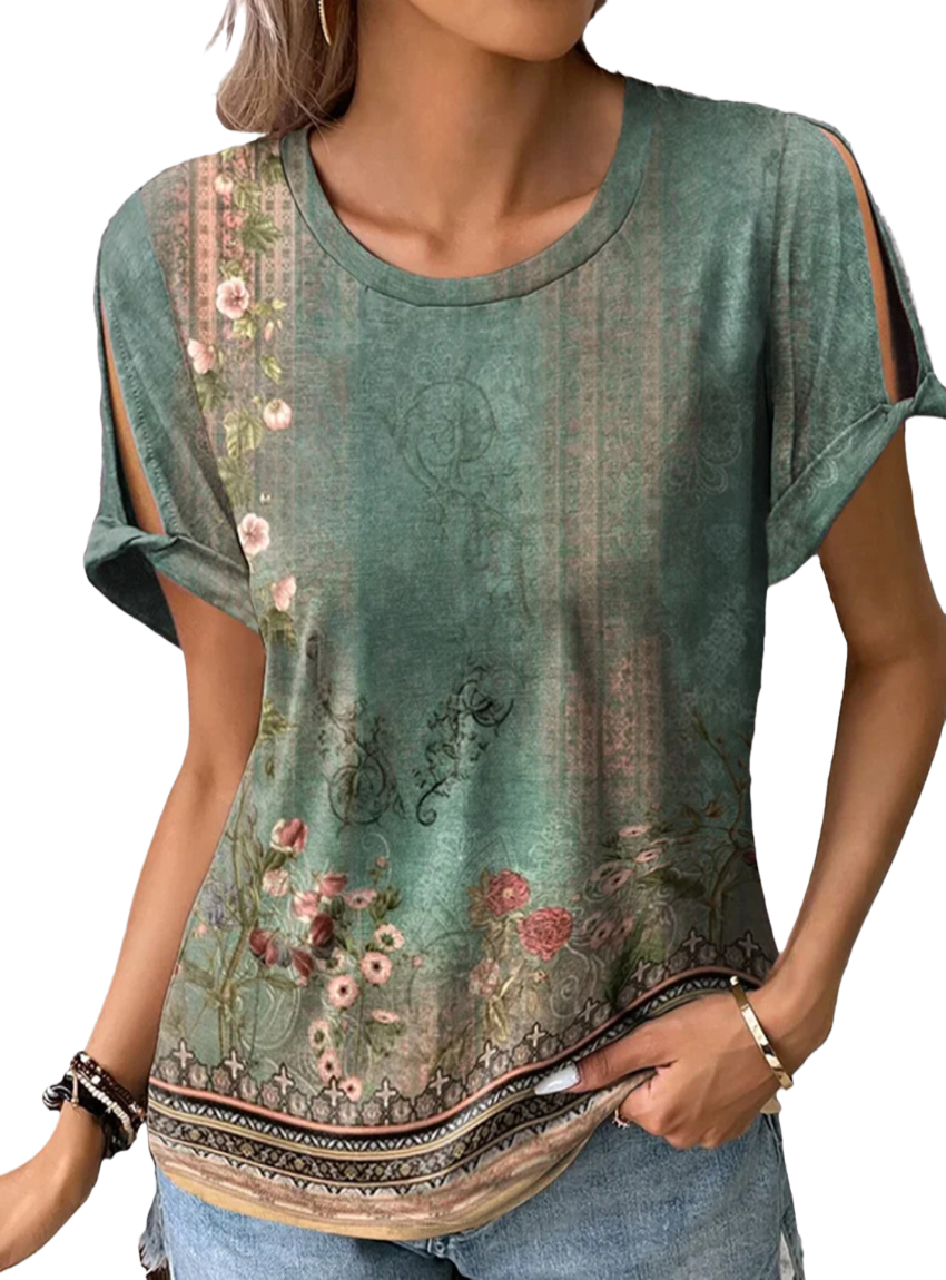 Chic cutout blouse with vintage floral print and a modern round neck for a perfect blend of style and comfort.