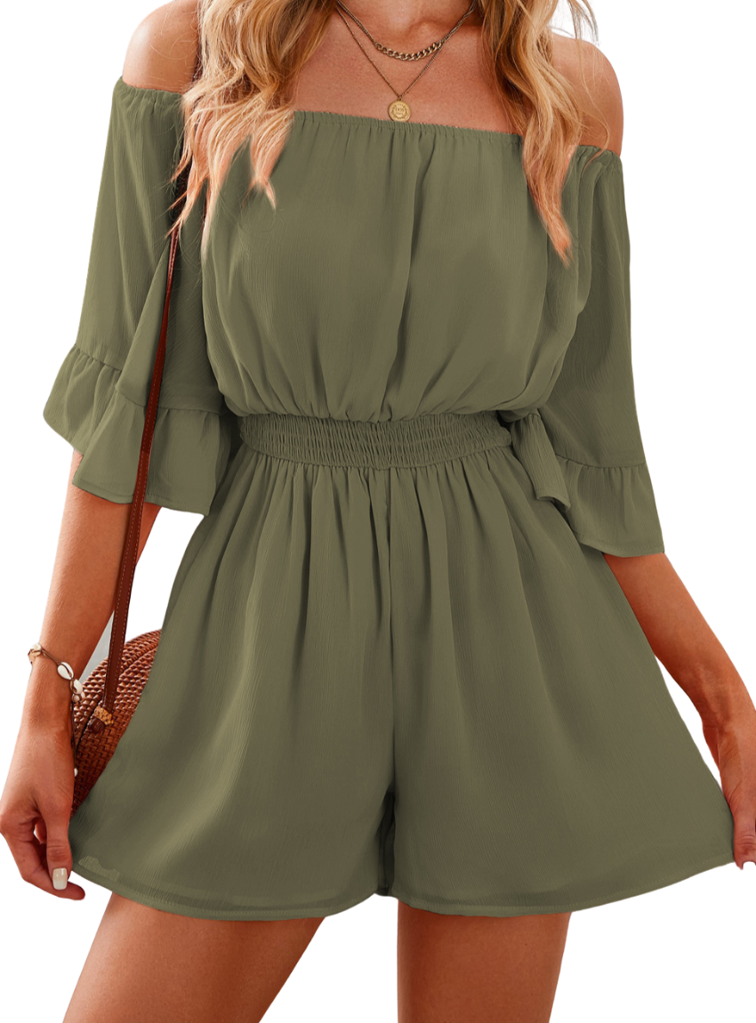 Chic off-shoulder romper with smocked waist and playful flounce sleeves, perfect for a stylish, effortless summer look.