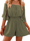 Chic off-shoulder romper with smocked waist and playful flounce sleeves, perfect for a stylish, effortless summer look.