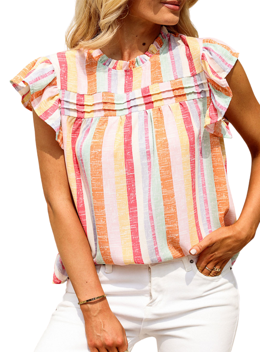 Step into summer with this breezy, ruffled striped blouse. Perfect for any occasion, it blends comfort with a splash of color for everyday elegance.