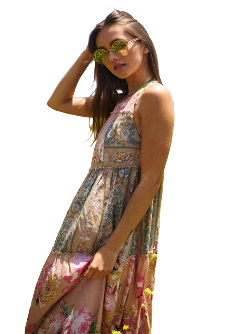 Boho chic floral maxi dress with geometric patterns