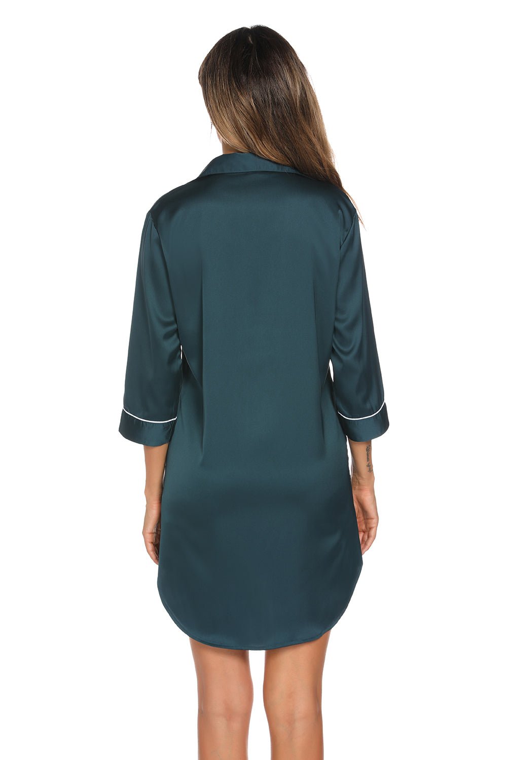 Indulge in luxe comfort with our teal Button Up Collared Night Dress, complete with a chic collar, handy pocket, and breathable fabric.