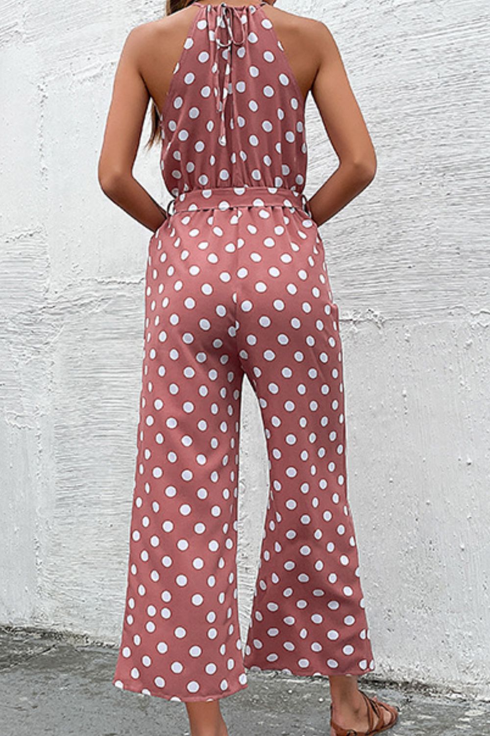 Elegant Polka Dot Grecian Jumpsuit in pink, navy, or red. Perfect for a sleek look with comfort and versatility for any occasion