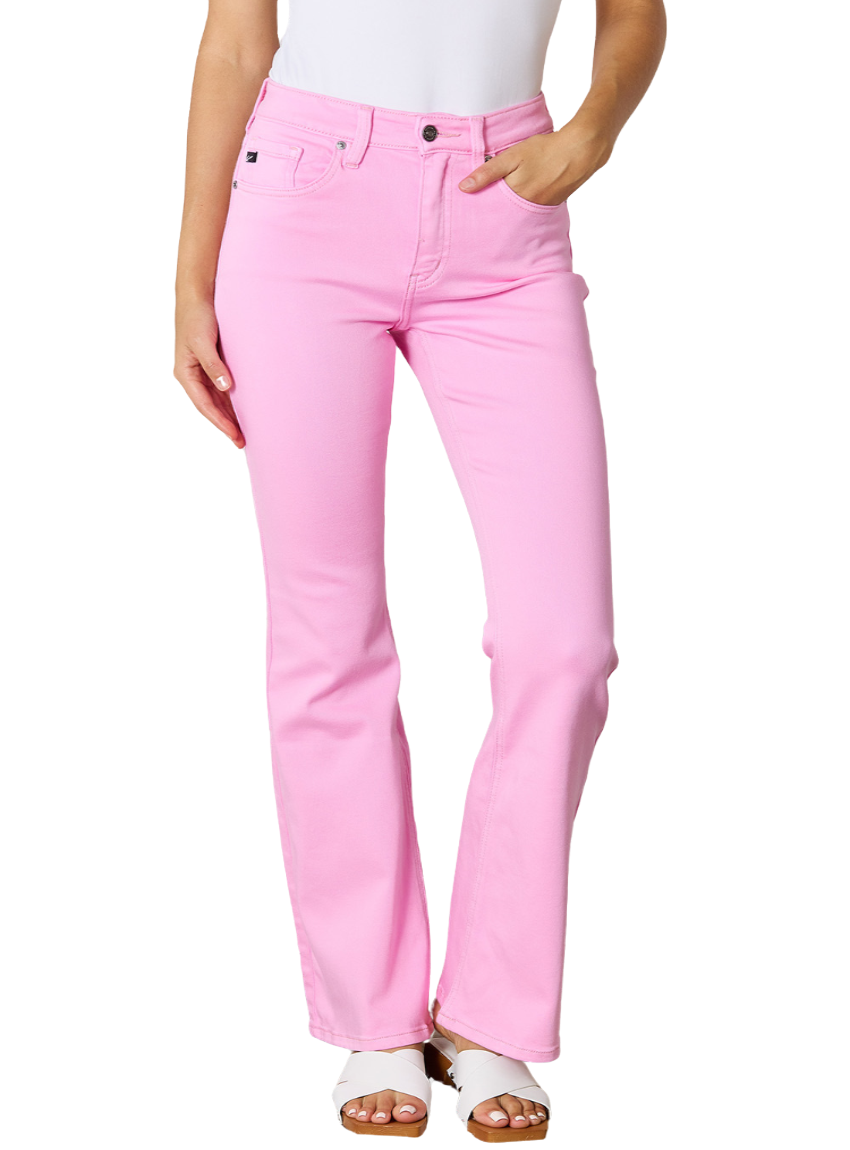 Shop the Kancan High Rise Bootcut Jeans for a chic, figure-flattering fit. Perfect for day-to-night style in a playful pink hue
