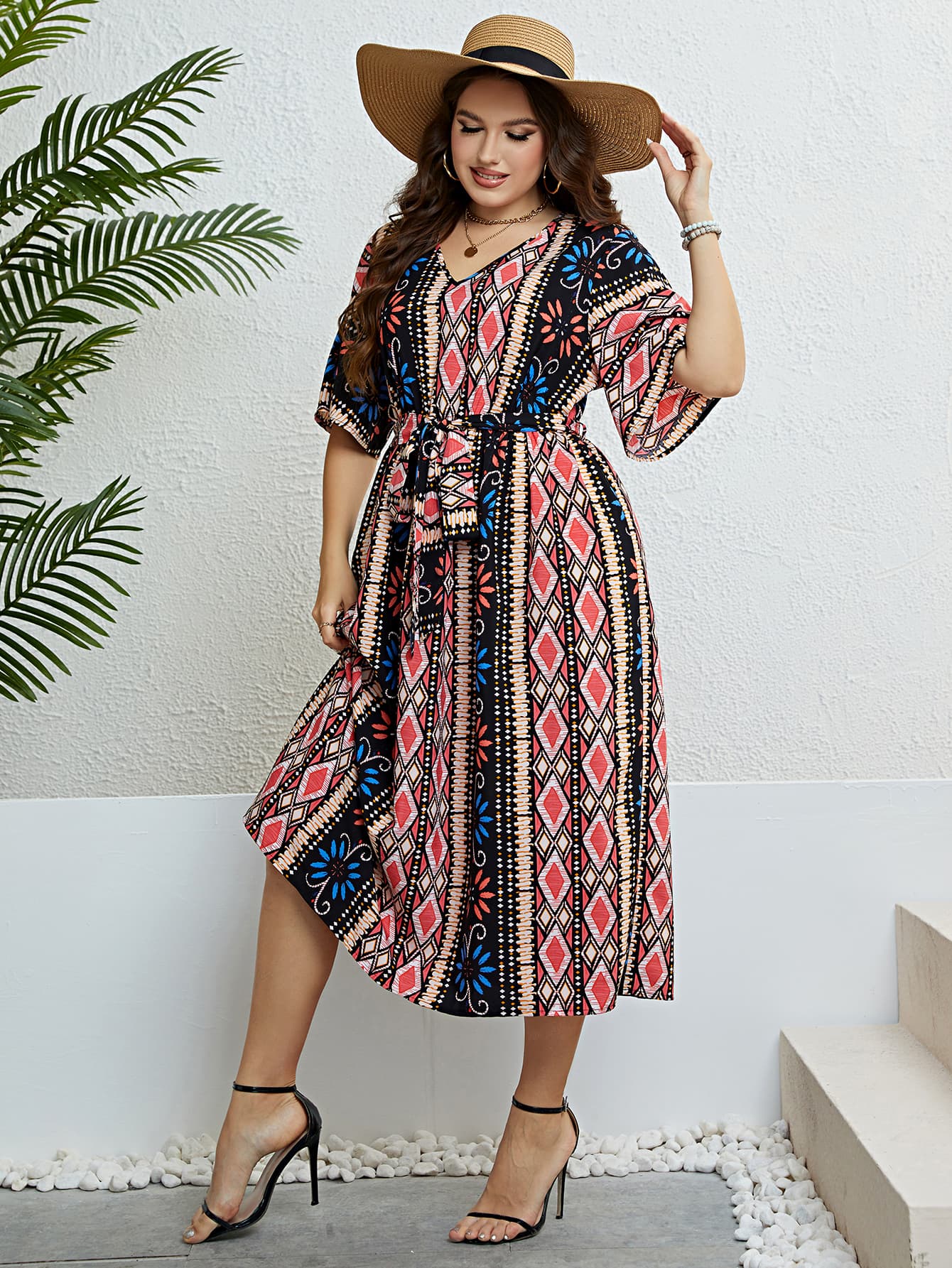 Eye-catching patterned plus-size dress with a flattering silhouette