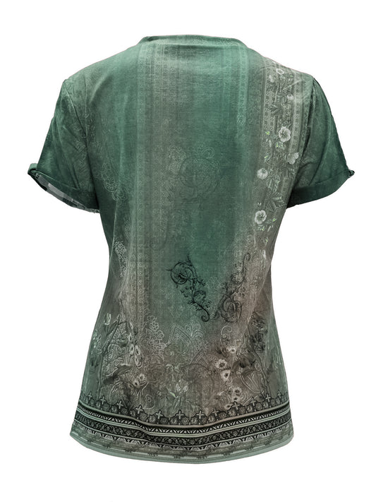 Chic cutout blouse with vintage floral print and a modern round neck for a perfect blend of style and comfort.