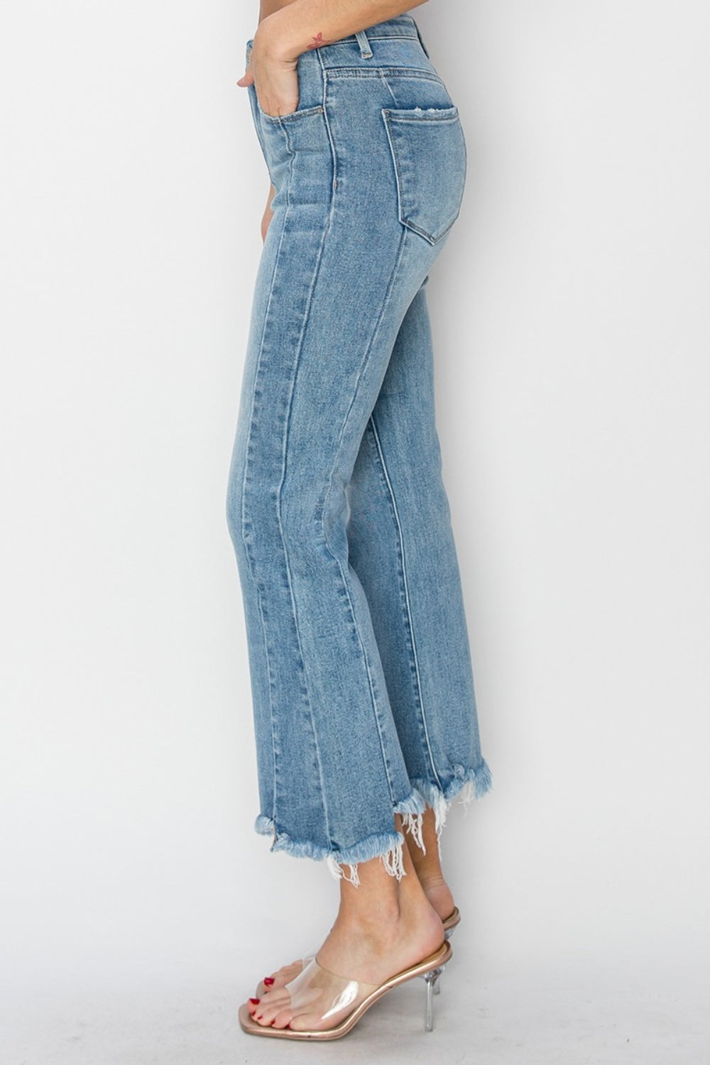 RISEN Cropped Frayed Hem High Rise Flare Jeans