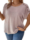 Plus size pink short-sleeve top with decorative shoulder buttons