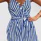 Summery striped romper with a flattering tie waist & adjustable straps. Perfect for any casual outing. Available in mustard, sky blue & black.