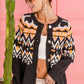 black cardigan with colorful ethnic design, perfect for cool weather
