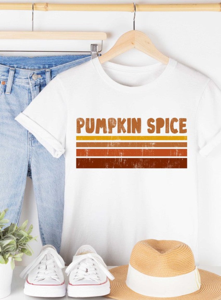 "Pumpkin Spice" graphic tee in white with vintage-inspired design