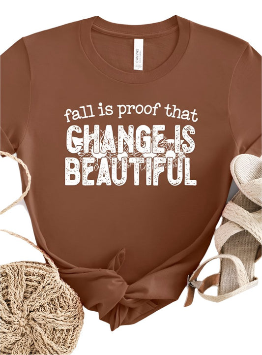 "Change is Beautiful" graphic tee in warm brown with fall-inspired message