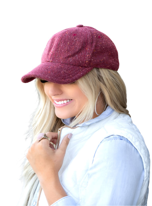 Cranberry fall tweed ball cap with vintage design
