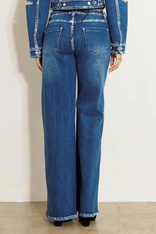 Retro-modern wide-leg denim jeans with hand-painted accents.