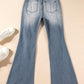 Fashionable high-rise distressed bootcut jeans for women with raw hem.