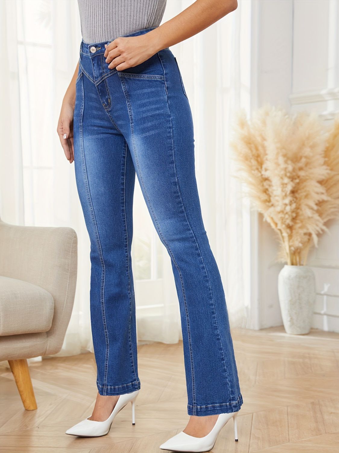 Women's High Waist Bootcut Jeans with Pockets, offering a flattering and comfortable fit.