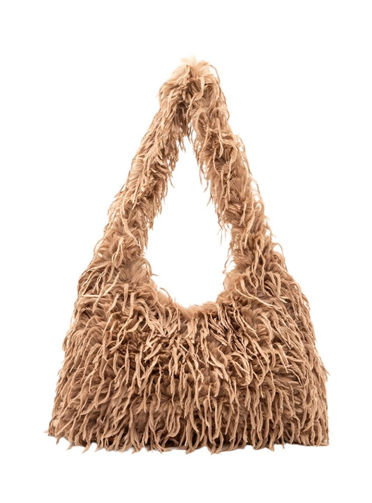 Front view of Faux Feather Hobo Slouchy Bag in brown with textured feather-like design.
