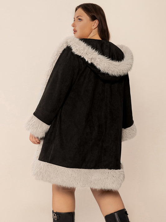 Back view of black faux fur trim coat with cozy fit
