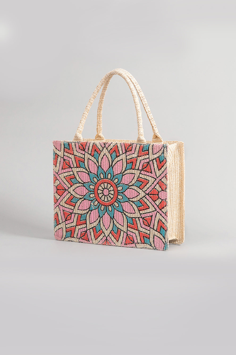 Everyday straw tote bag with colorful woven design