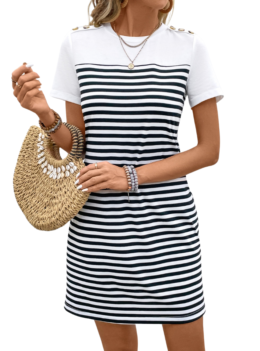 Shop the chic Striped Tee Dress - a perfect mix of style & comfort for any occasion. Elevate your wardrobe with this versatile, easy-to-style piece!