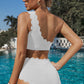 Stylish one-shoulder swim set with chic scalloped trim, available in multiple colors for a perfect summer look