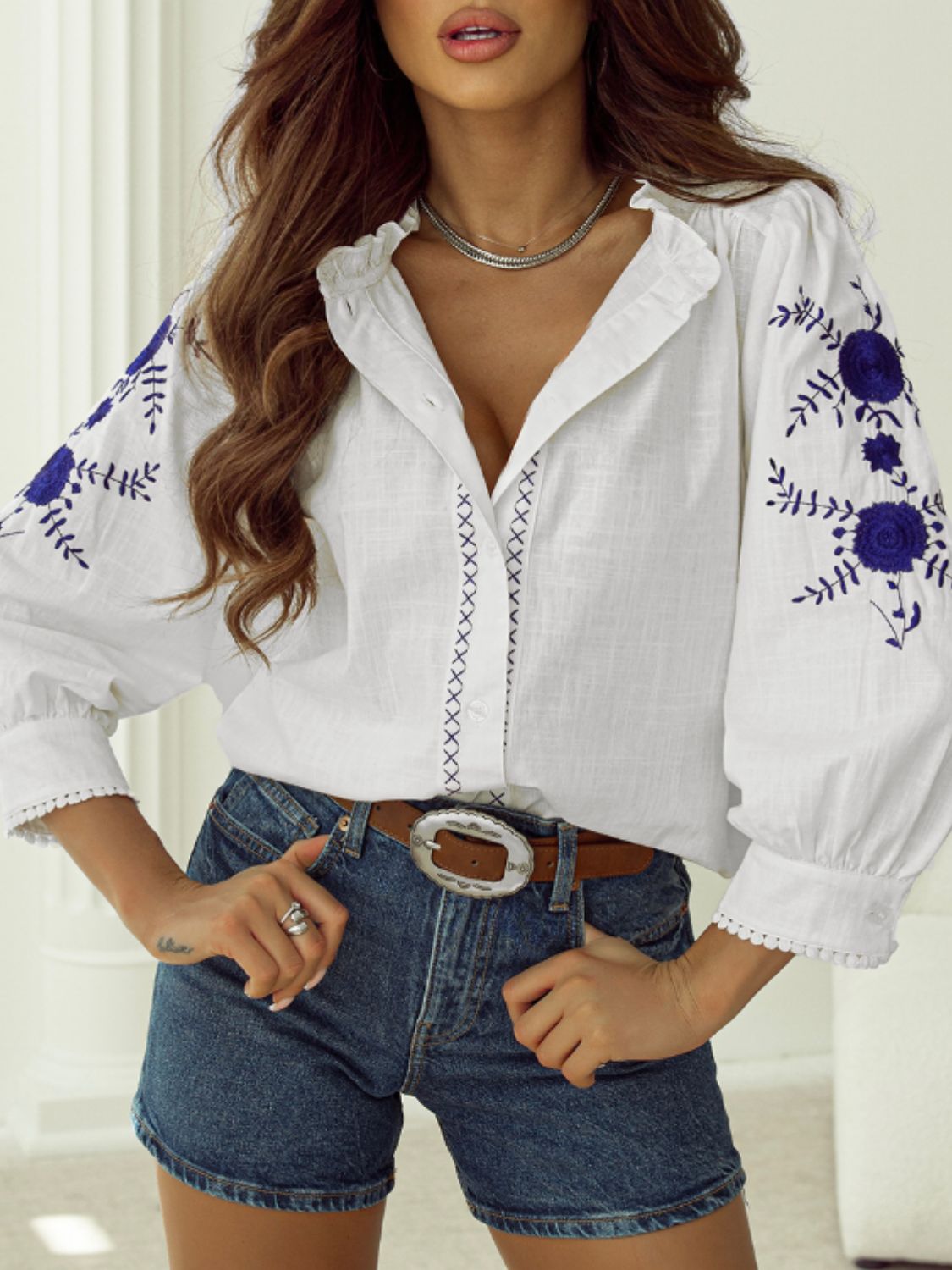 Feminine Floral Embroidered Cotton Blouse - Whimsical Clothing