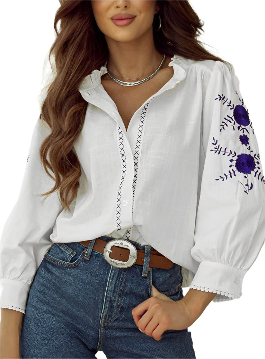 Feminine Floral Embroidered Cotton Blouse - Whimsical Clothing