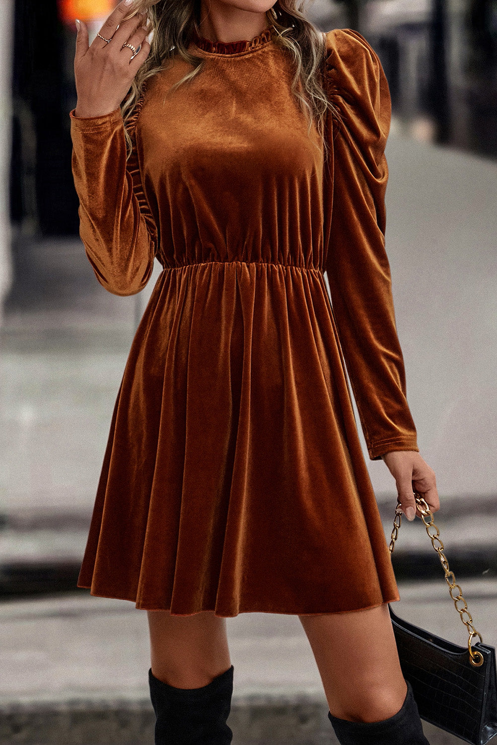 Romantic and stylish mocha velvet dress for evening wear
